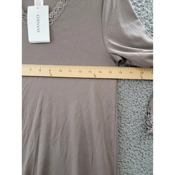 Hanro Moments Lace trim Nightgown Women's XS/2-4 Stonewash V-Neck Quarter Sleeve